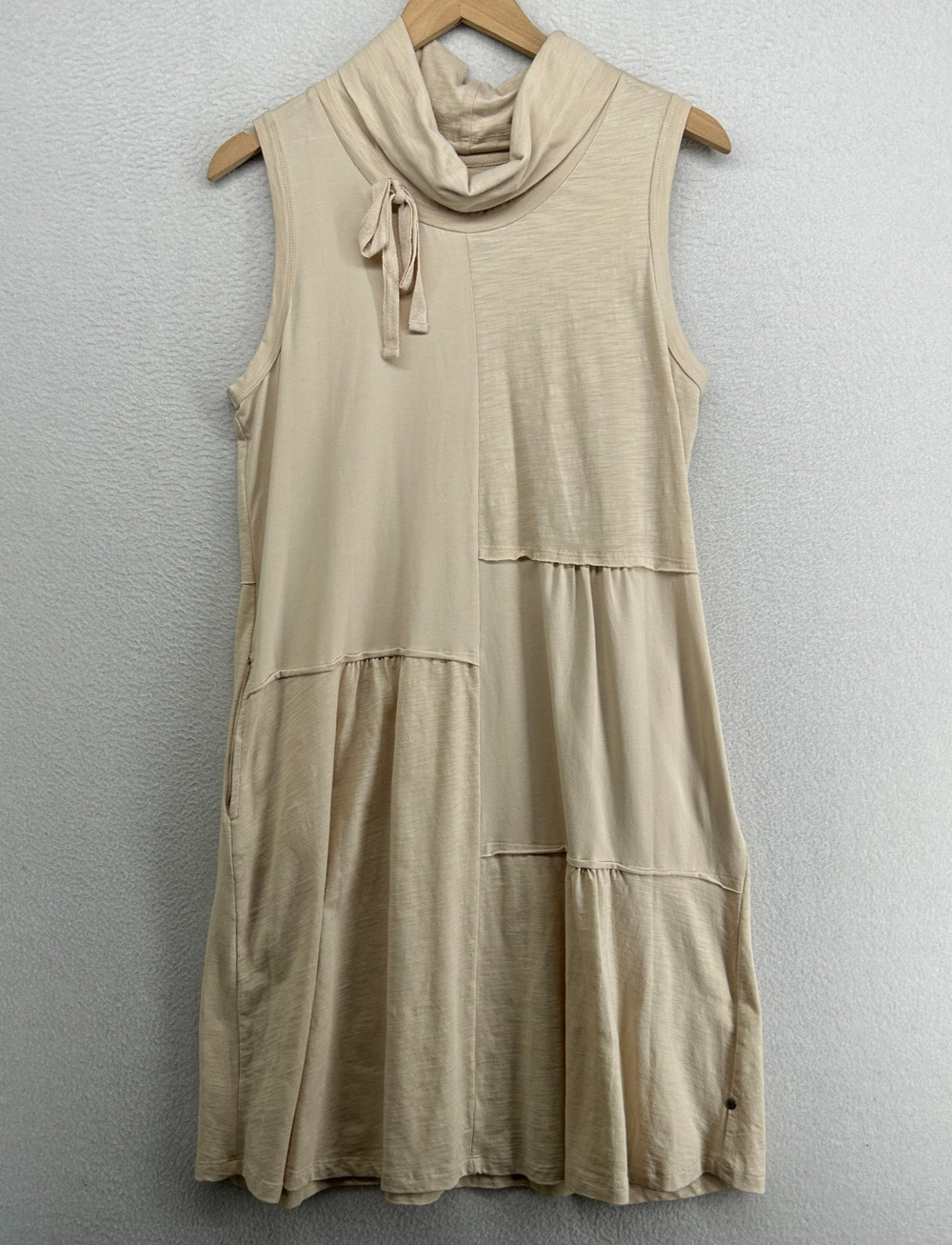 NEON BUDDHA Dress M Slub Patchwork Shift Cowl Neck Sleeveless Beige